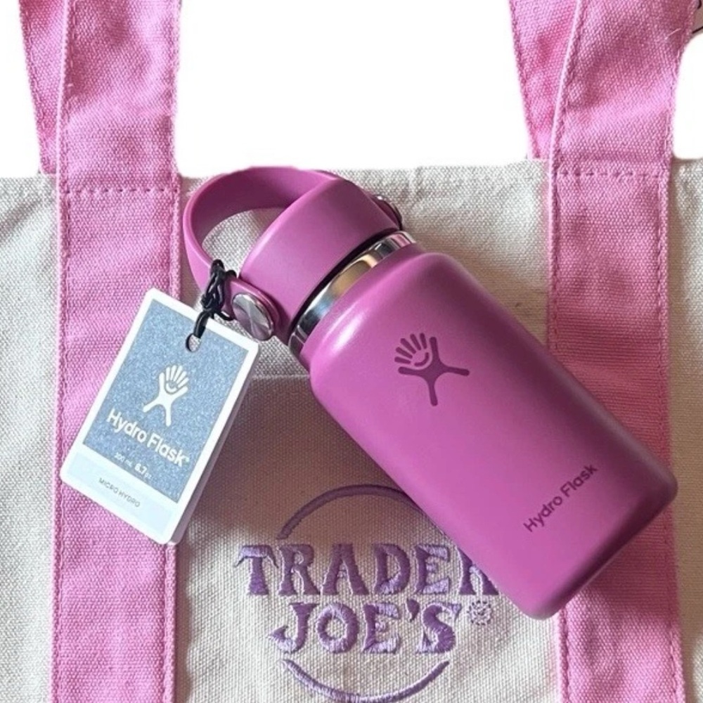 SET TraderJoe’s Pink Mini Tote Bag & Hydro Flask Micro Mini Bottle Pink 6.7 oz